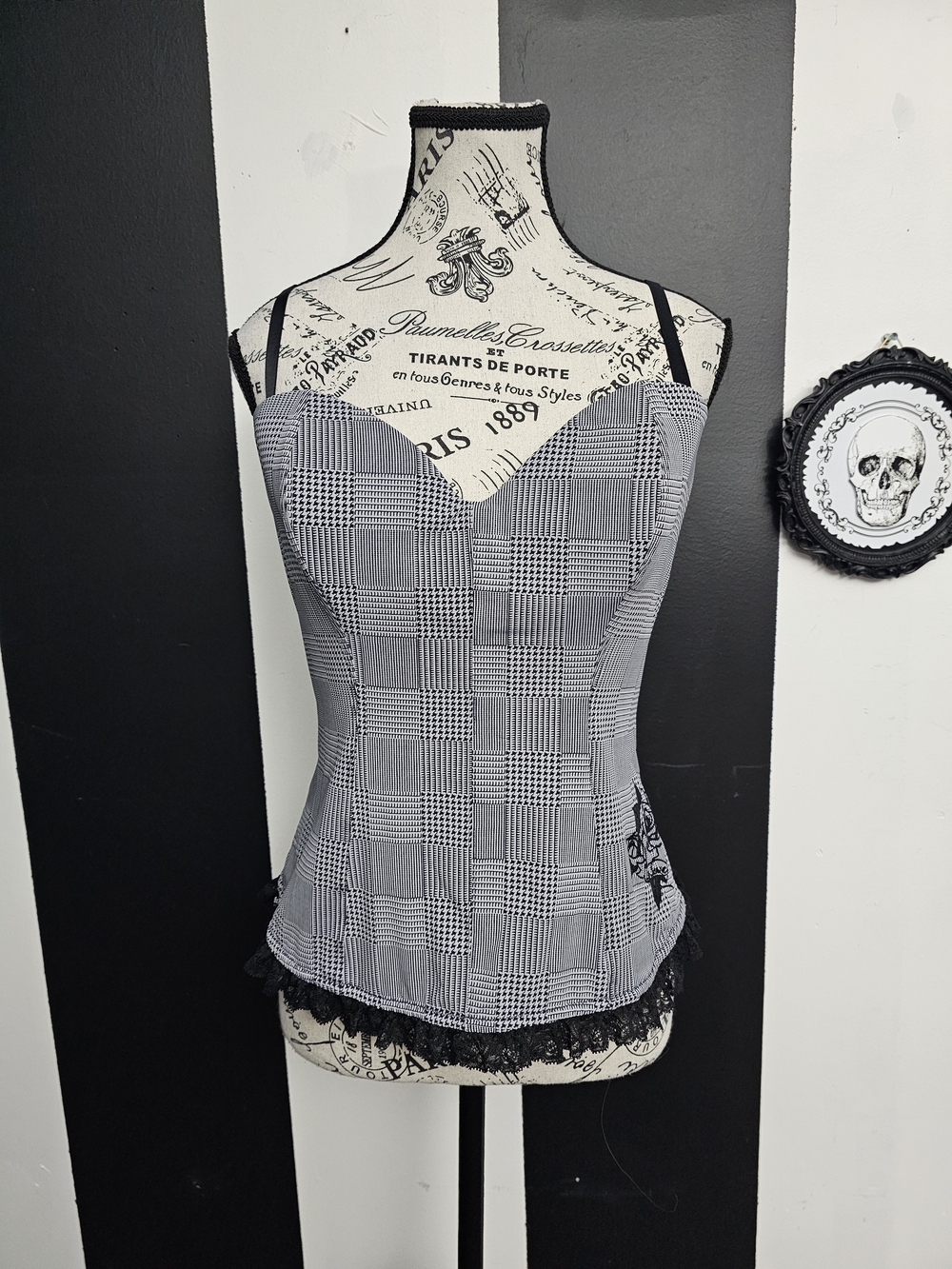 La SENZA Plaid Lace-Trim Cami Corset Top - Black/Gray
